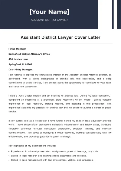 Free Assistant District Lawyer Cover Letter to Edit Online