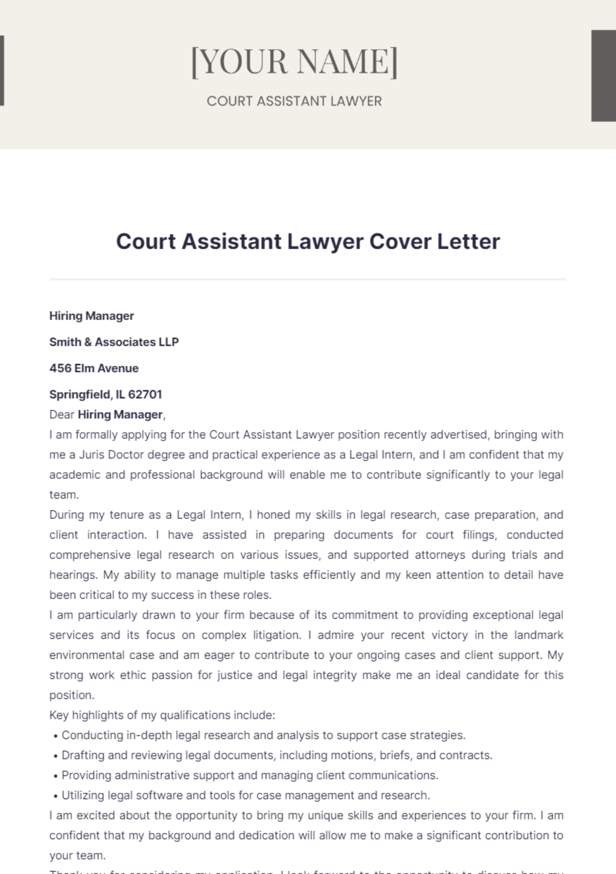 Court Assistant Lawyer Cover Letter - Edit Online & Download