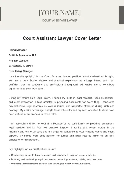 Free Court Assistant Lawyer Cover Letter to Edit Online