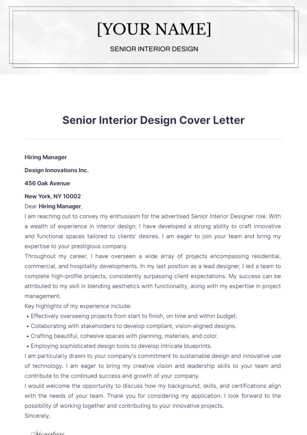 Senior Interior Design Cover Letter