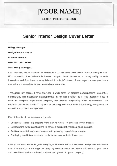 Free Senior Interior Design Cover Letter to Edit Online