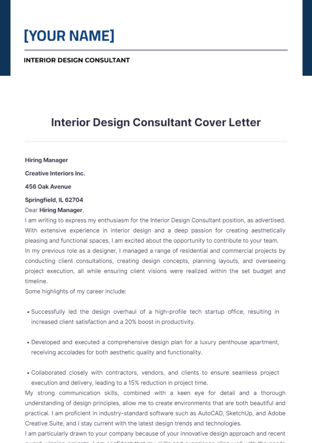 Interior Design Consultant Cover Letter