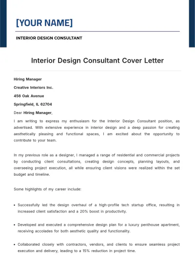Free Interior Design Consultant Cover Letter to Edit Online
