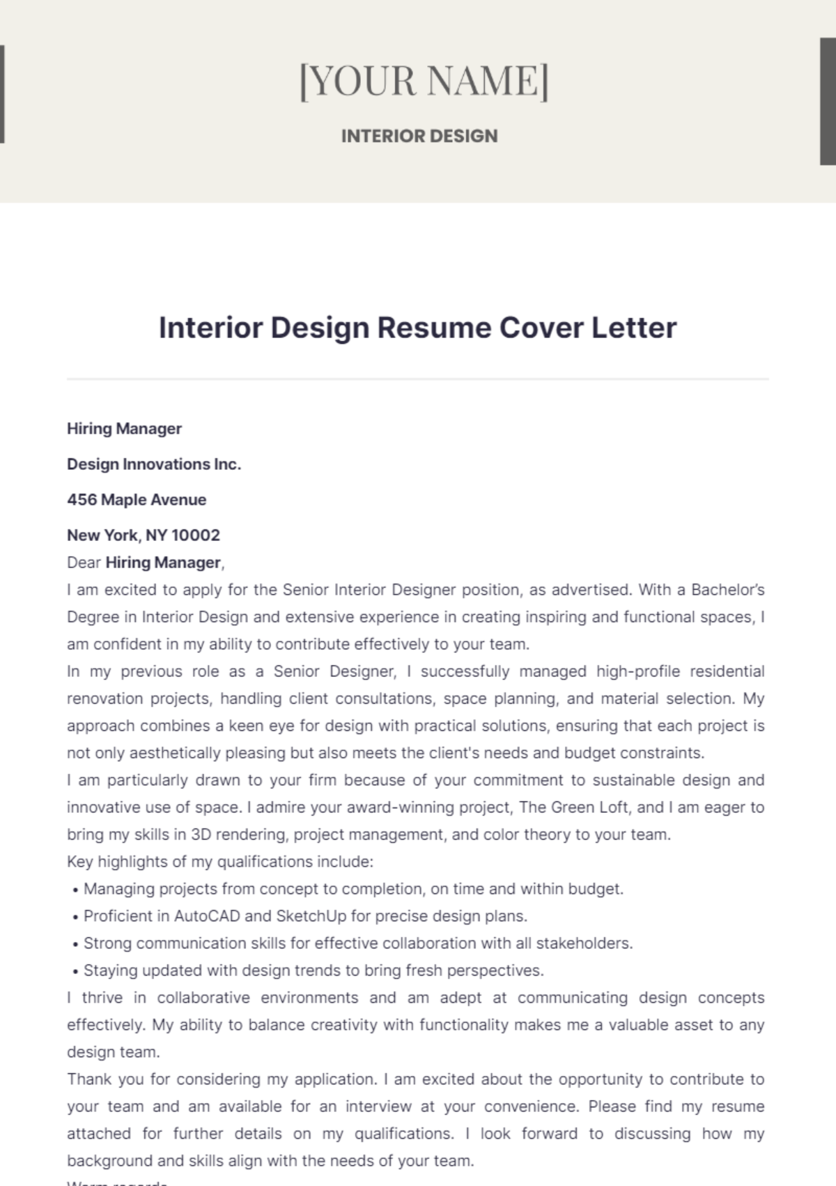 Interior Design Resume Cover Letter - Edit Online & Download