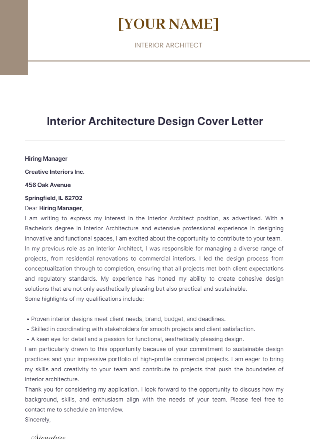 Interior Architecture Design Cover Letter - Edit Online & Download