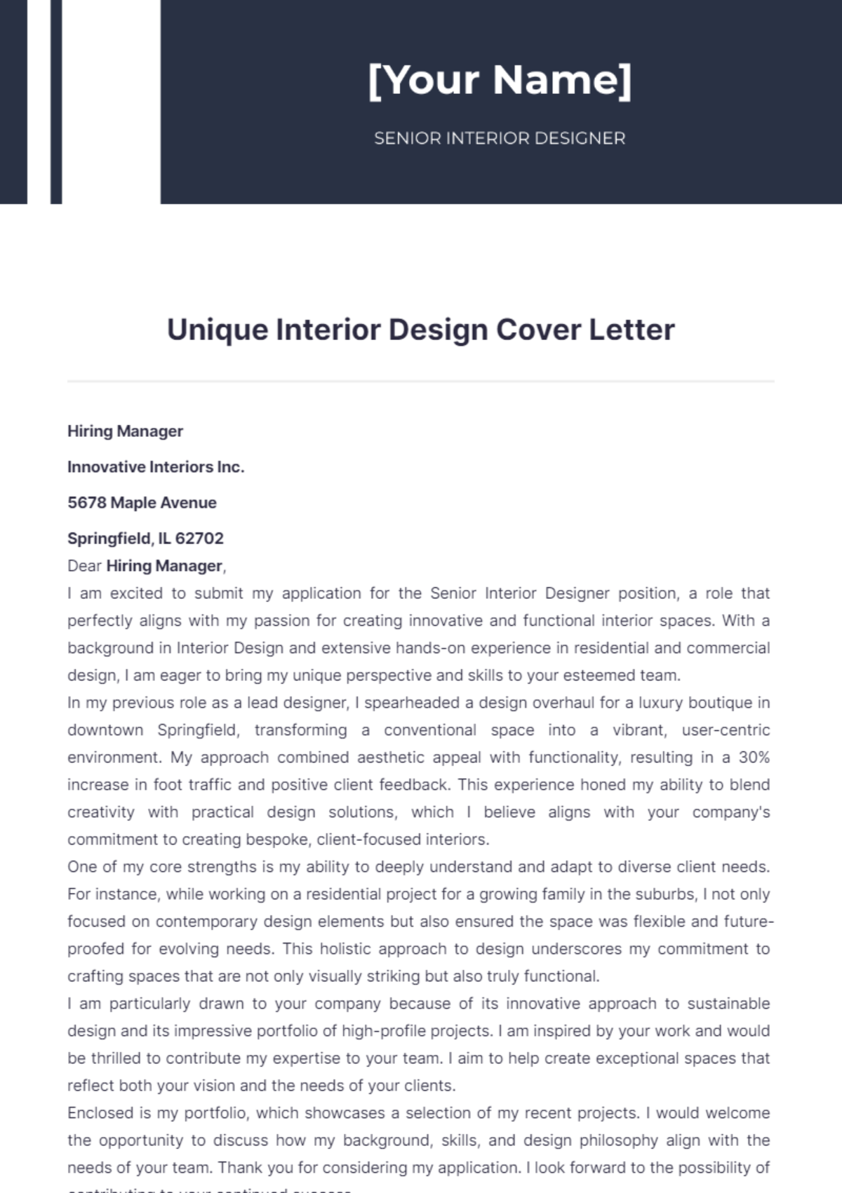 Unique Interior Design Cover Letter