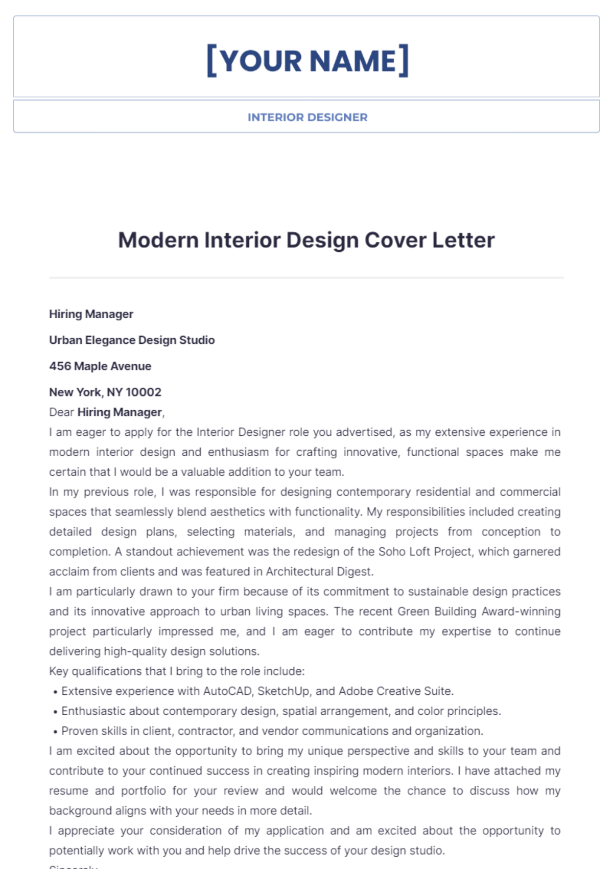 Modern Interior Design Cover Letter