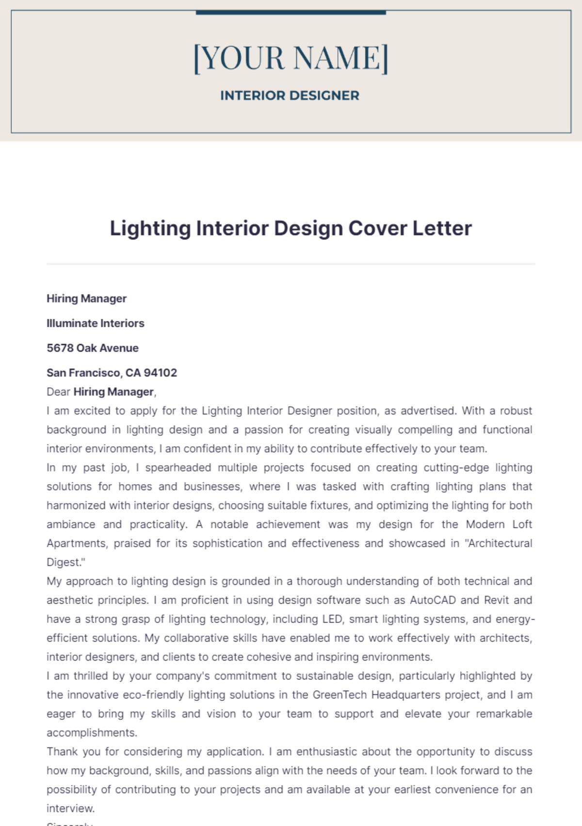 Lighting Interior Design Cover Letter