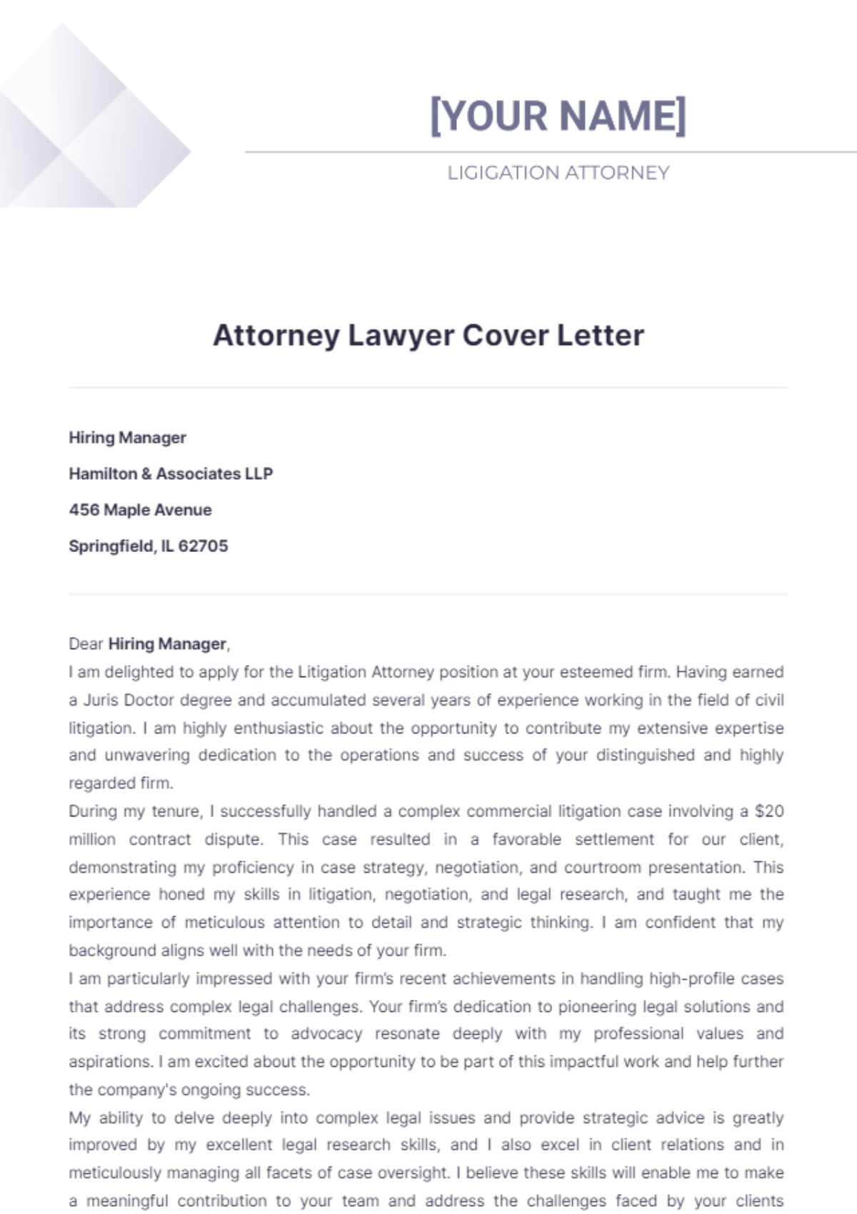 Attorney Lawyer Cover Letter - Edit Online & Download