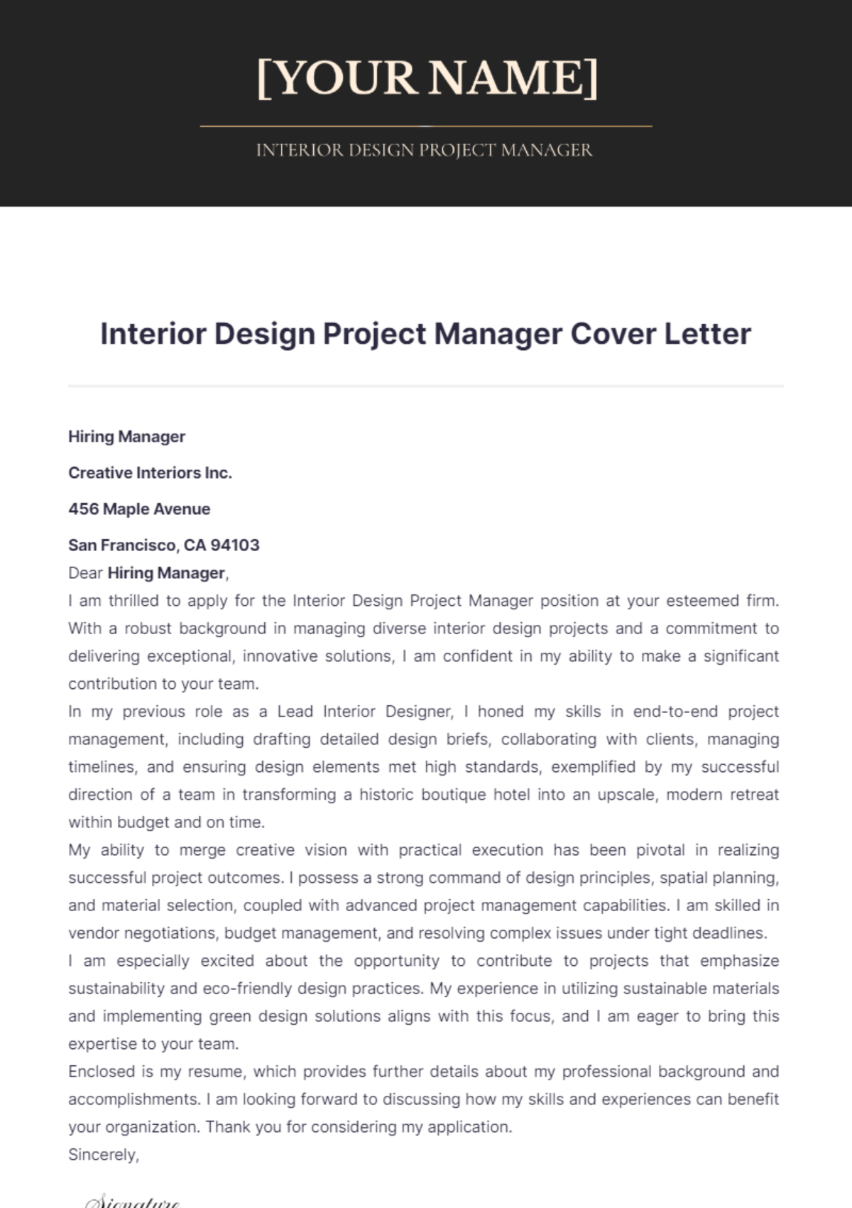 interior design project manager cover letter