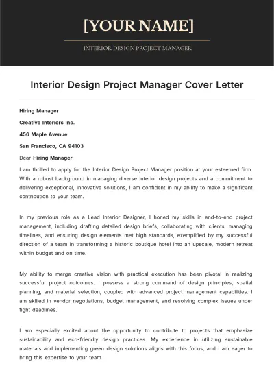 Free Interior Design Project Manager Cover Letter to Edit Online