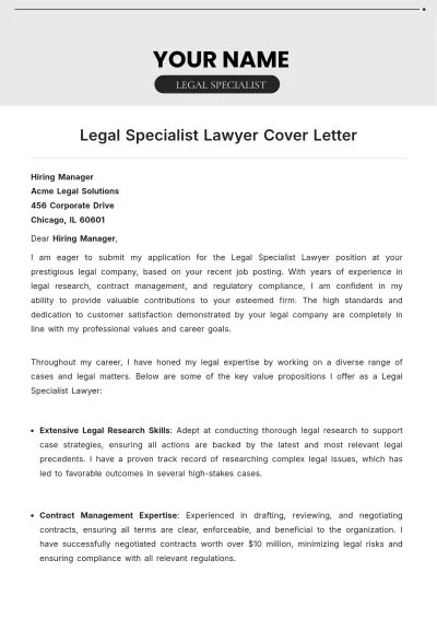 Free Legal Specialist Lawyer Cover Letter to Edit Online