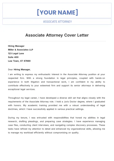 Free Associate Attorney Cover Letter to Edit Online