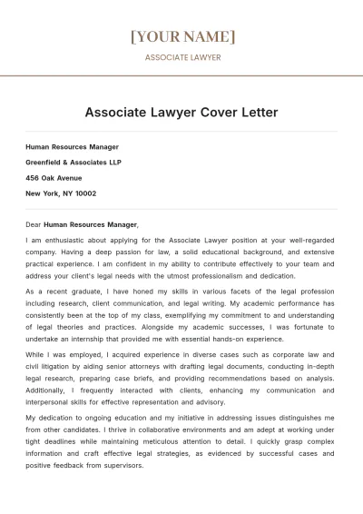 Free Associate Lawyer Cover Letter to Edit Online