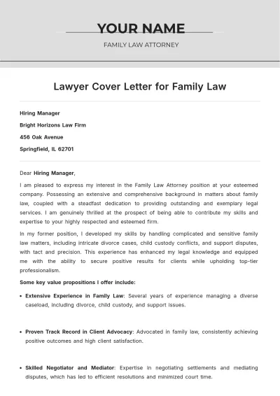 Free Lawyer Cover Letter for Family Law to Edit Online