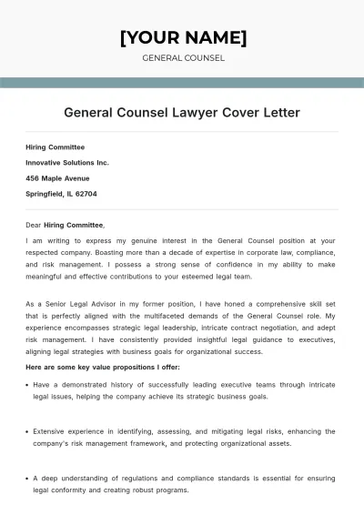 Free General Counsel Lawyer Cover Letter to Edit Online