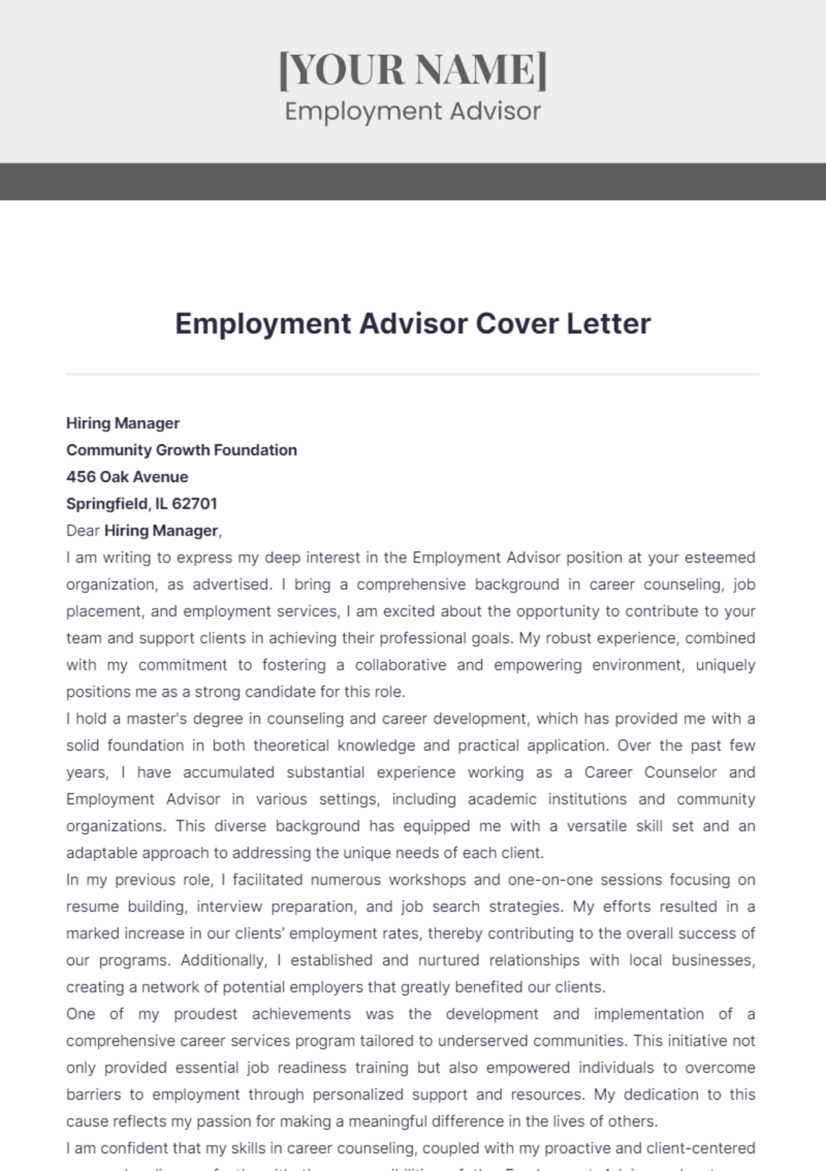 Employment Advisor Cover Letter - Edit Online & Download