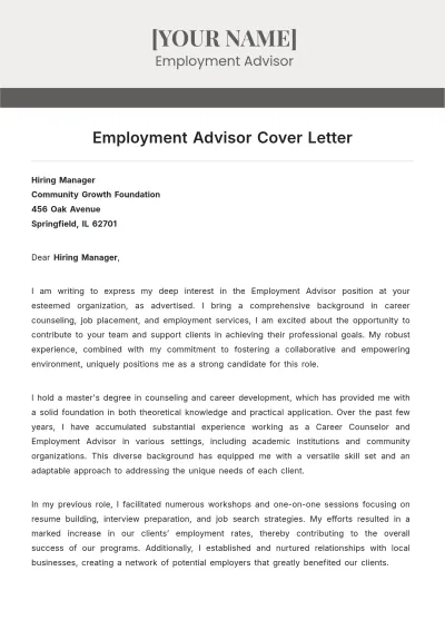Free Employment Advisor Cover Letter to Edit Online
