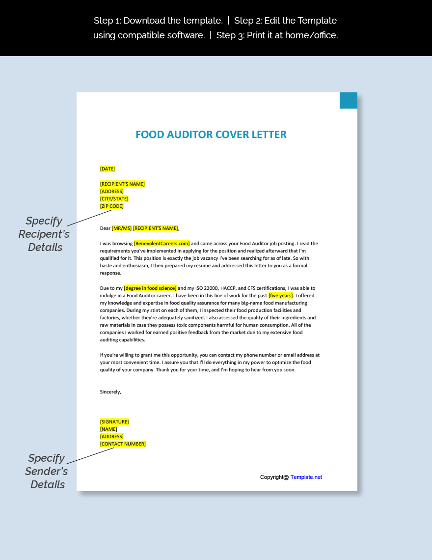 Food Auditor Cover Letter