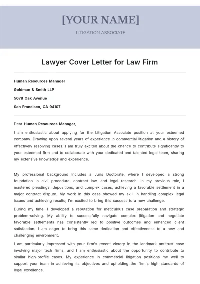 Free Lawyer Cover Letter for Law Firm to Edit Online