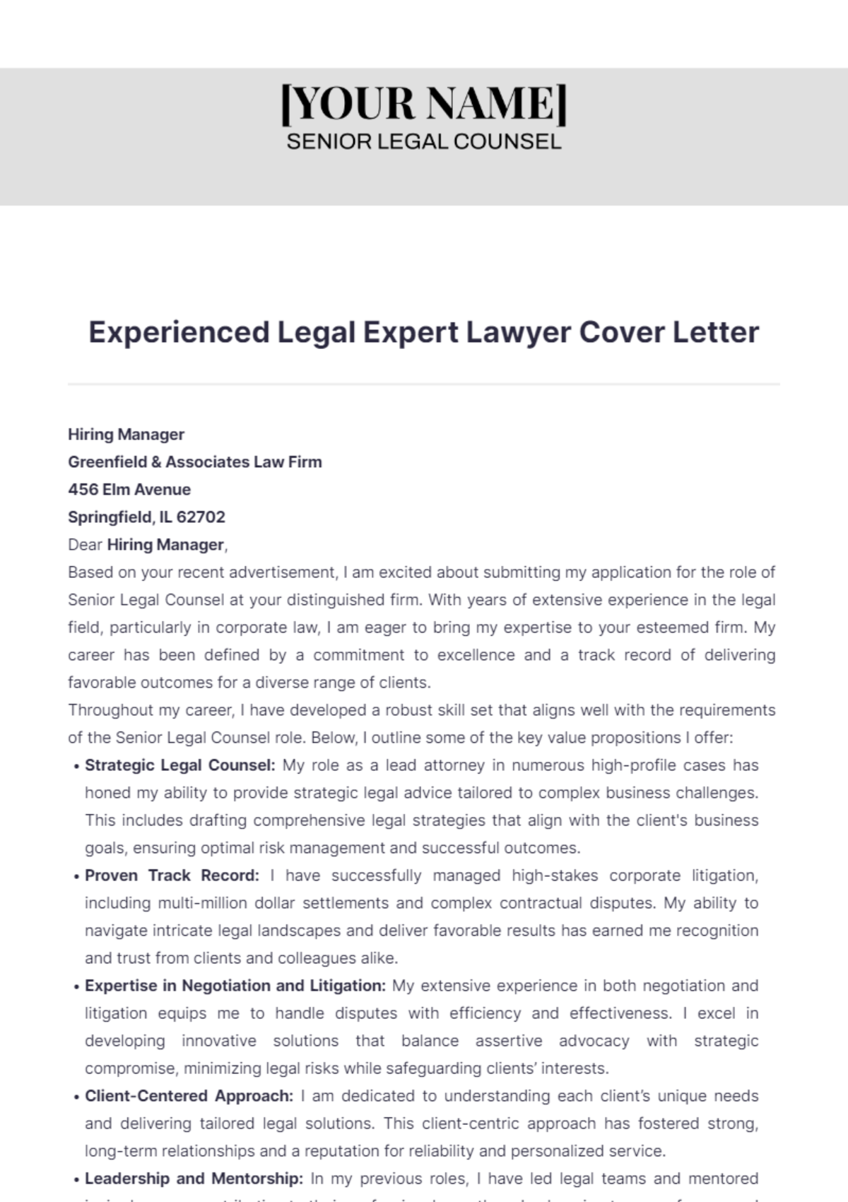 Experienced Legal Expert Lawyer Cover Letter - Edit Online & Download