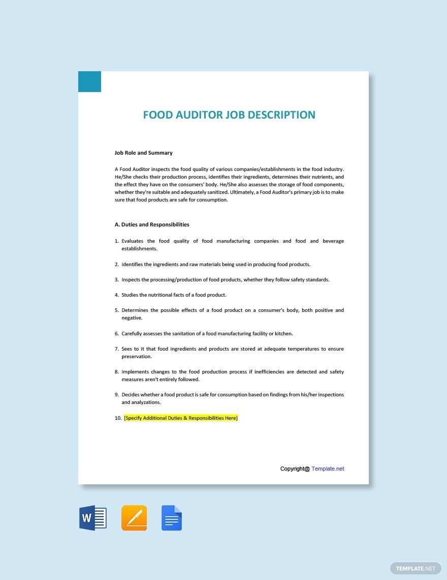 Food Auditor Job Description Template