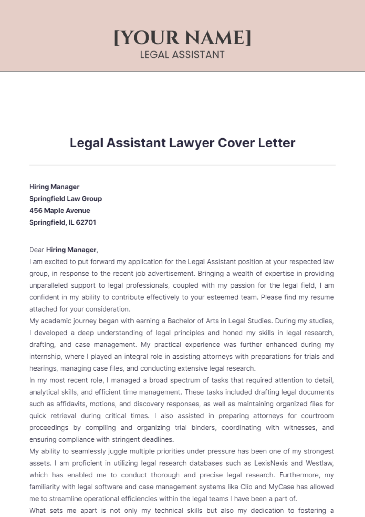 Legal Assistant Lawyer Cover Letter - Edit Online & Download