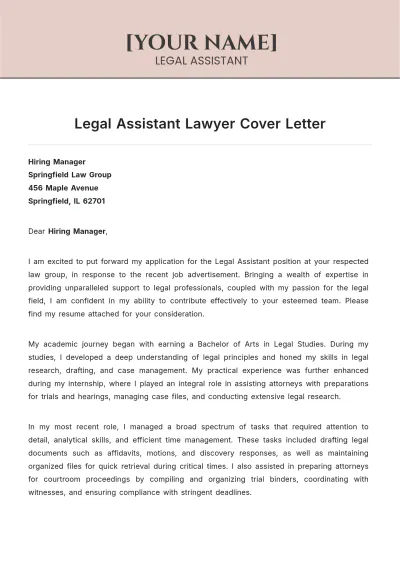 Free Legal Assistant Lawyer Cover Letter to Edit Online