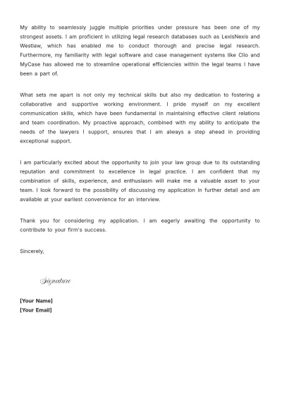 Free Legal Assistant Lawyer Cover Letter to Edit Online