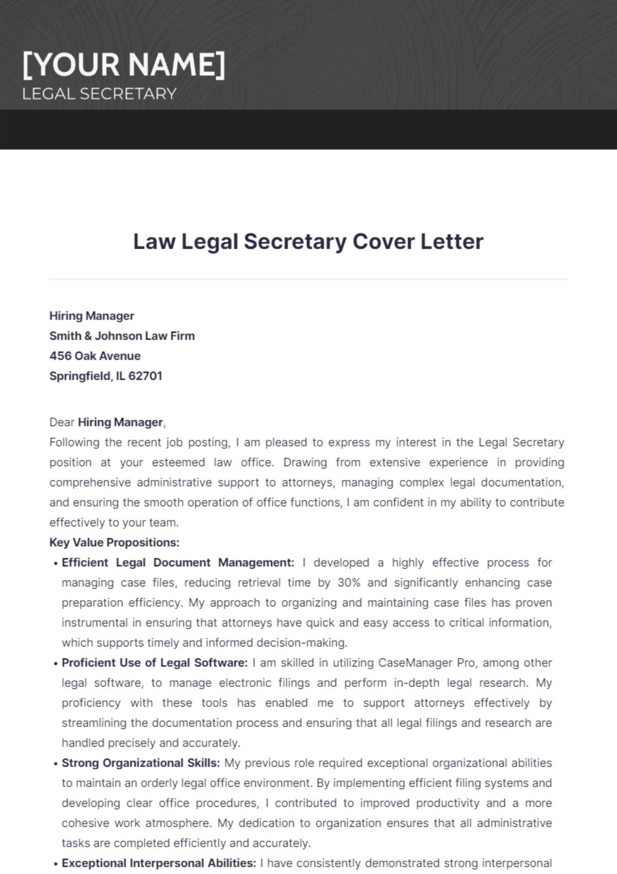 Law Legal Secretary Cover Letter - Edit Online & Download