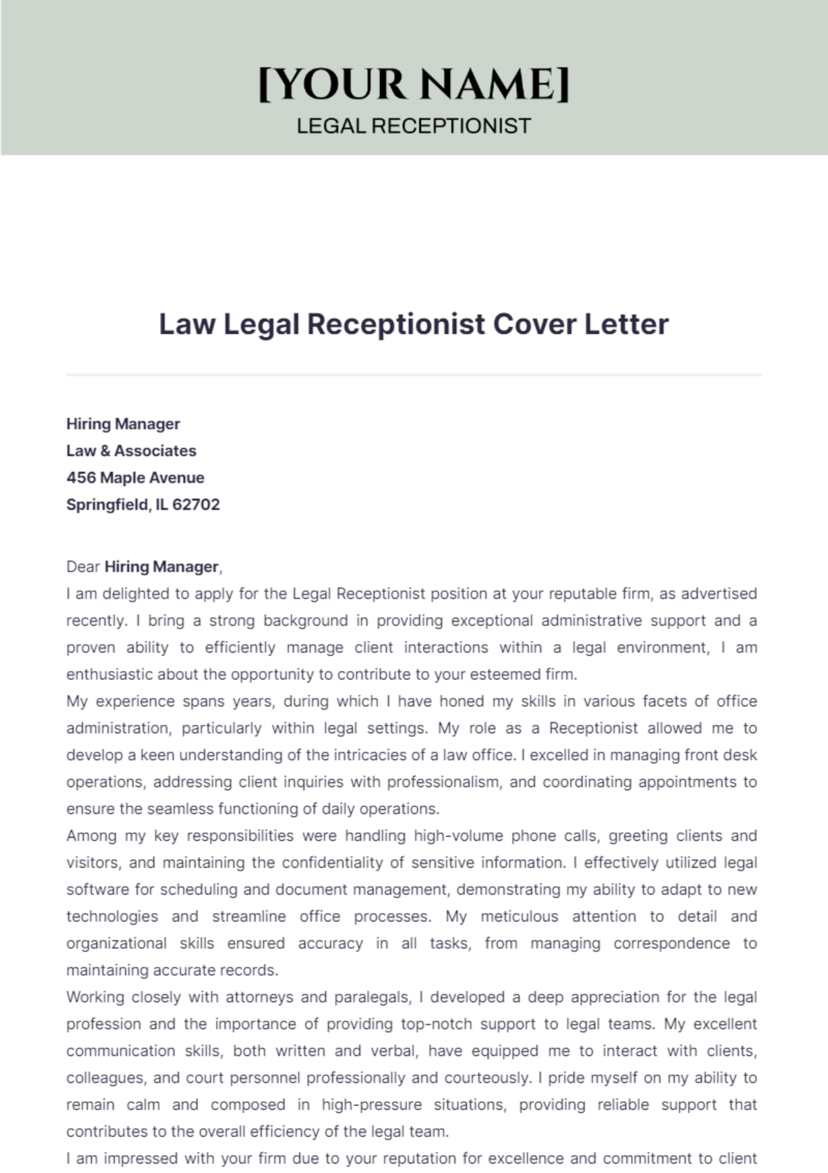 Law Legal Receptionist Cover Letter - Edit Online & Download