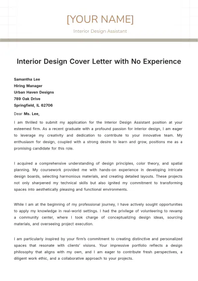Free Interior Design Cover Letter with No Experience to Edit Online
