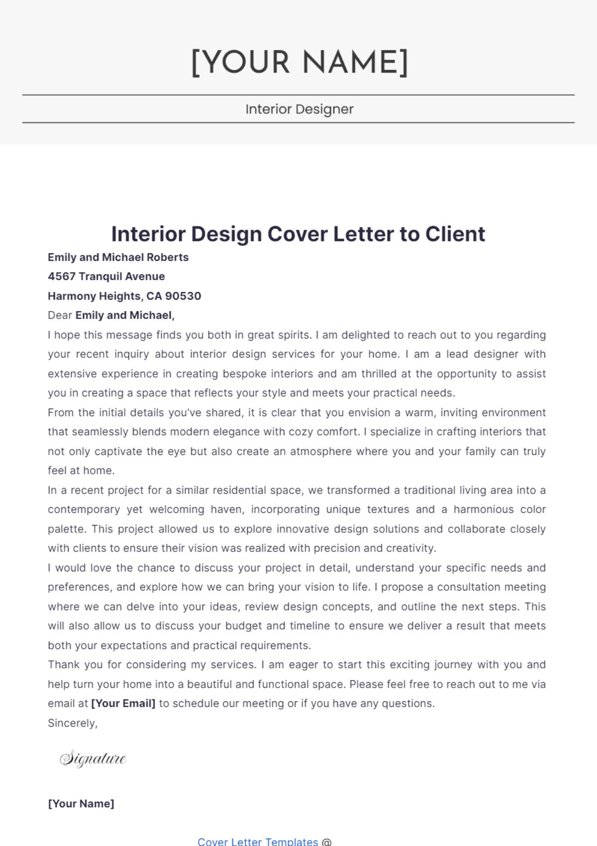 Interior Design Cover Letter to Client