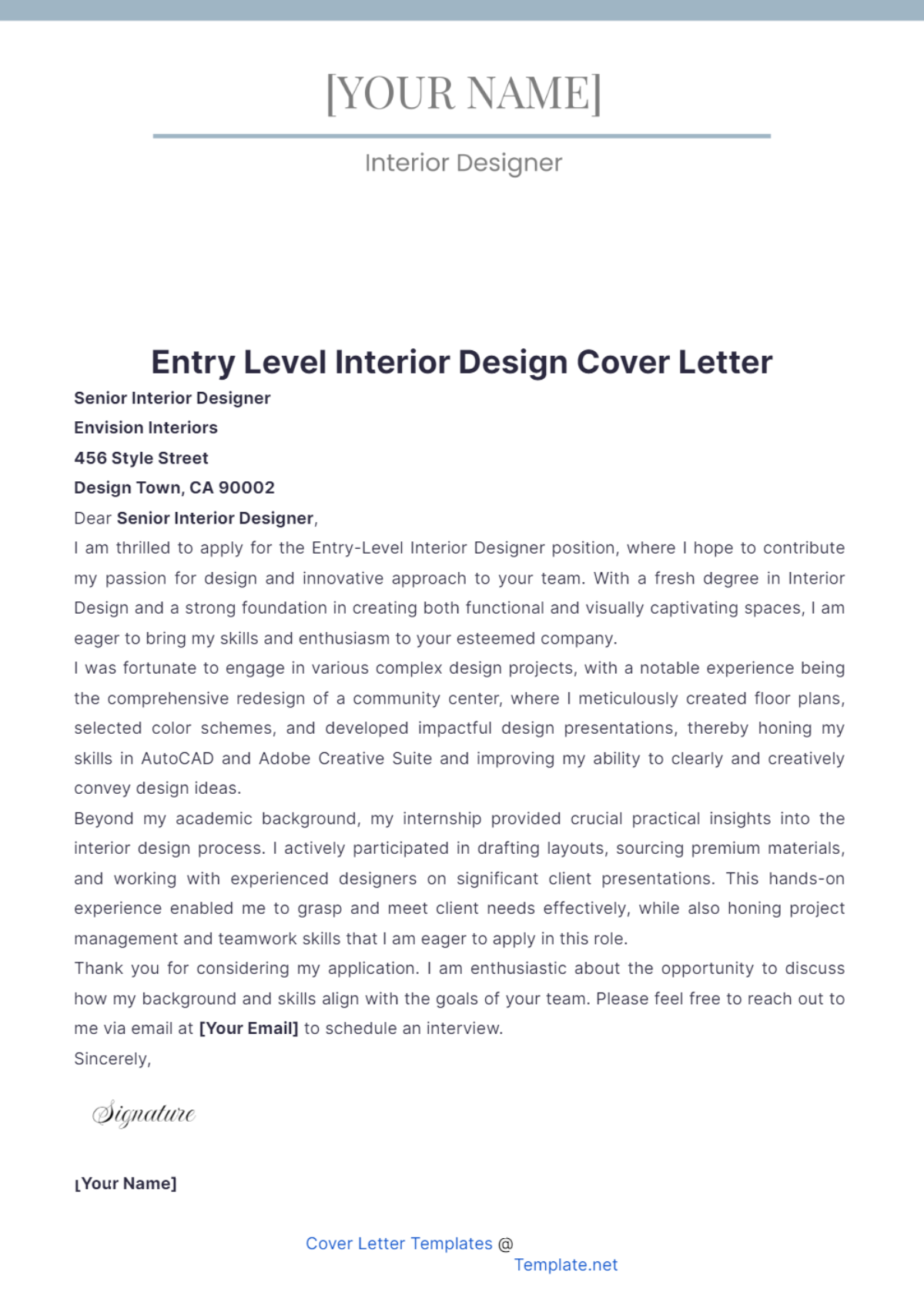 Entry Level Interior Design Cover Letter