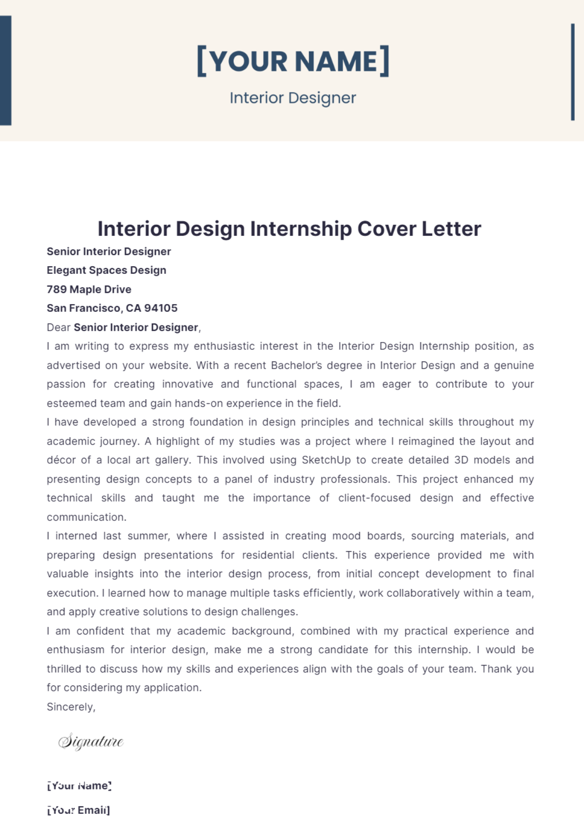 Interior Design Internship Cover Letter - Edit Online & Download