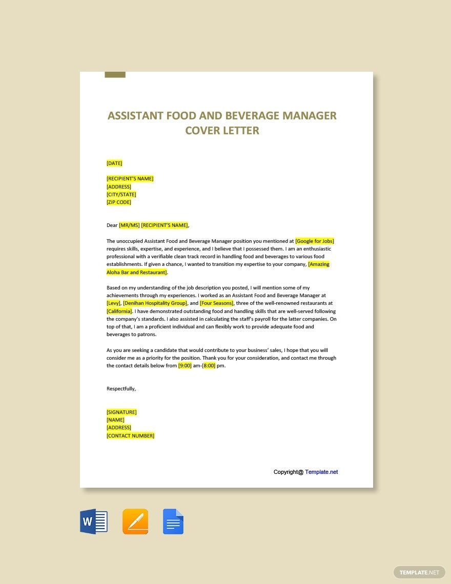 Assistant Food and Beverage Manager Cover Letter