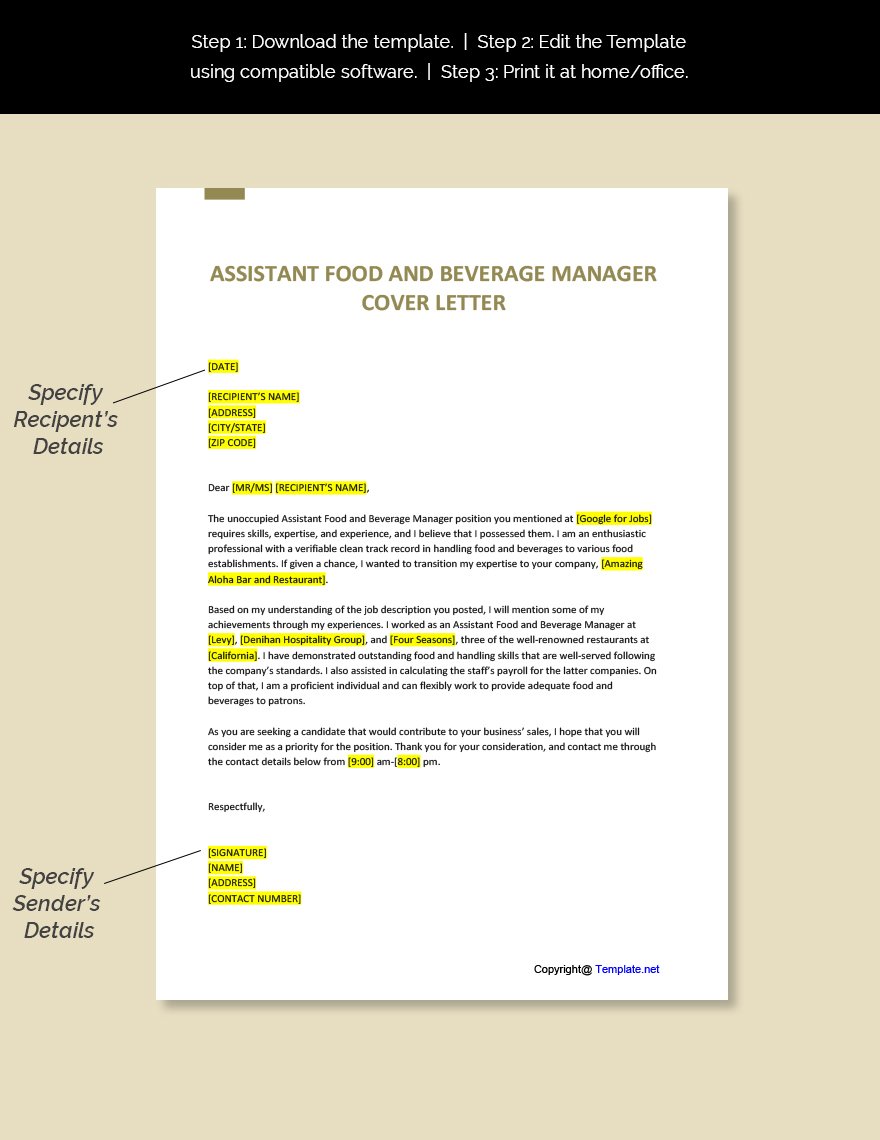 cover letter for assistant food and beverage manager