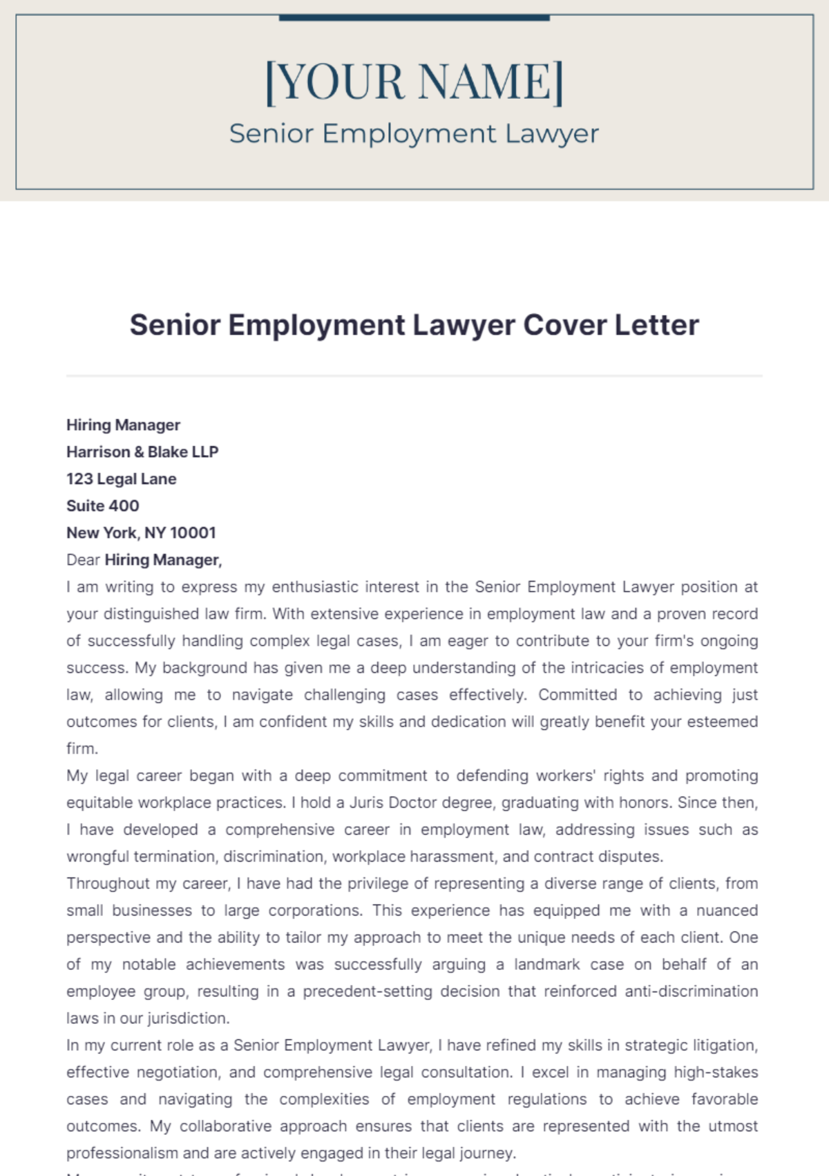 Senior Employment Lawyer Cover Letter - Edit Online & Download