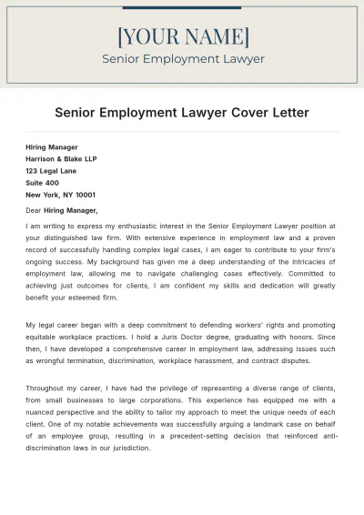Free Senior Employment Lawyer Cover Letter to Edit Online