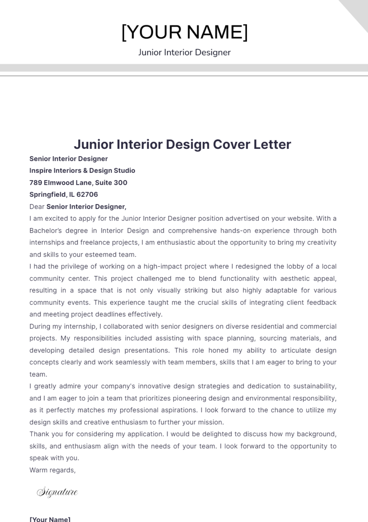 Junior Interior Design Cover Letter - Edit Online & Download