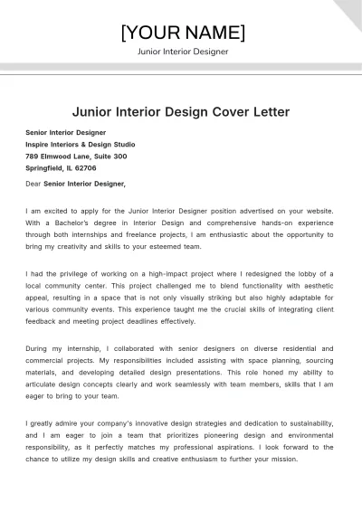 Free Junior Interior Design Cover Letter to Edit Online