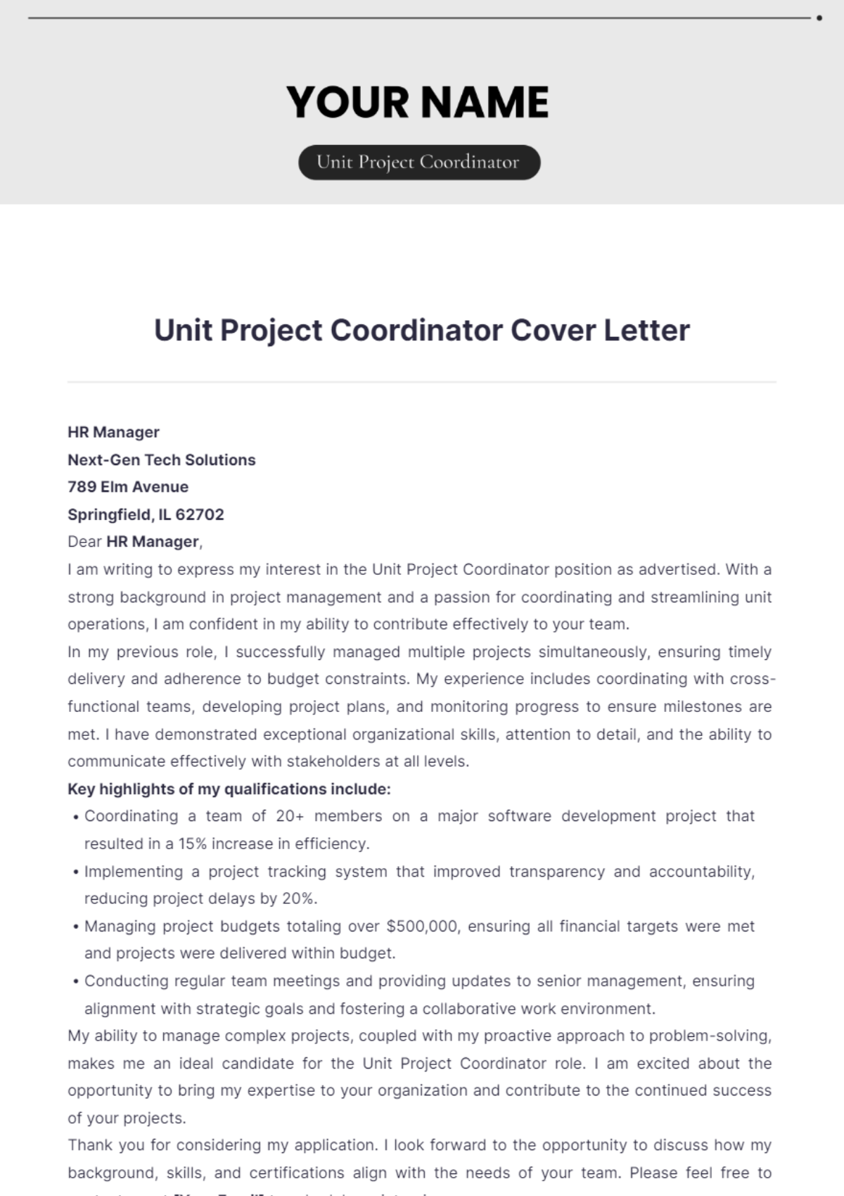 Unit Project Coordinator Cover Letter - Edit Online & Download