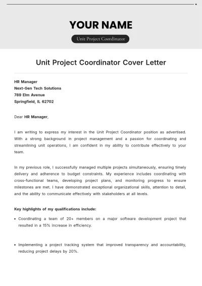 Free Unit Project Coordinator Cover Letter to Edit Online