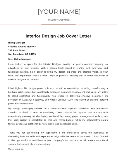 Free Interior Design Job Cover Letter to Edit Online