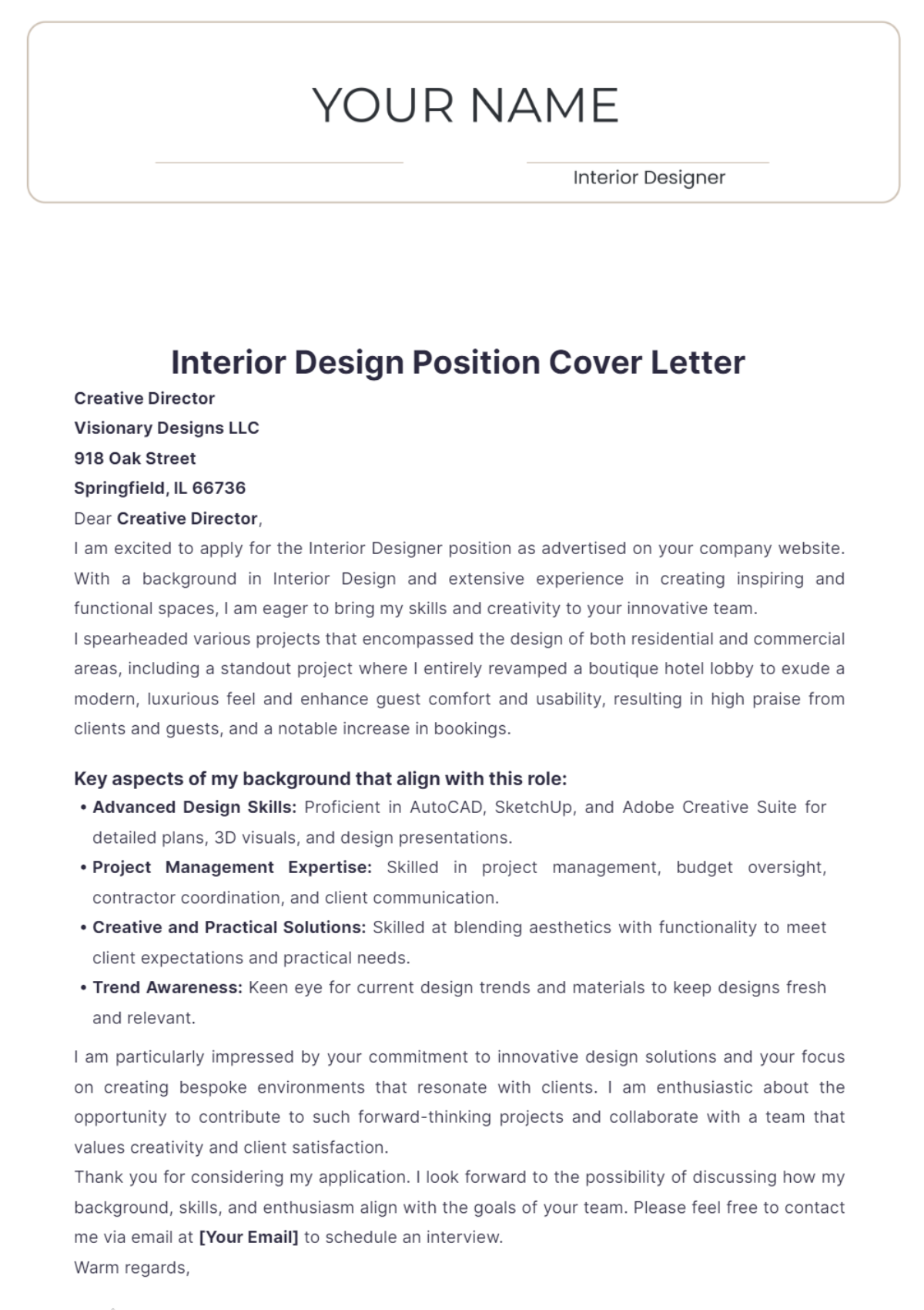 Interior Design Position Cover Letter