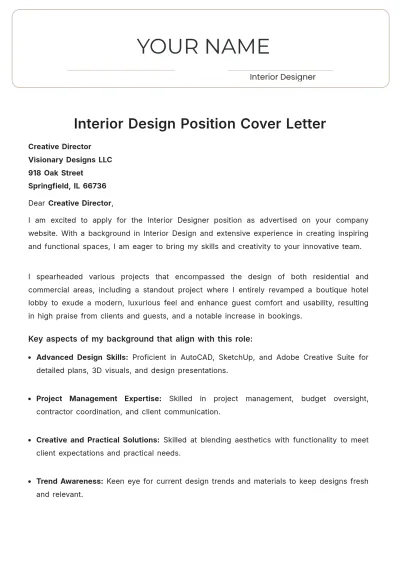 Free Interior Design Position Cover Letter to Edit Online