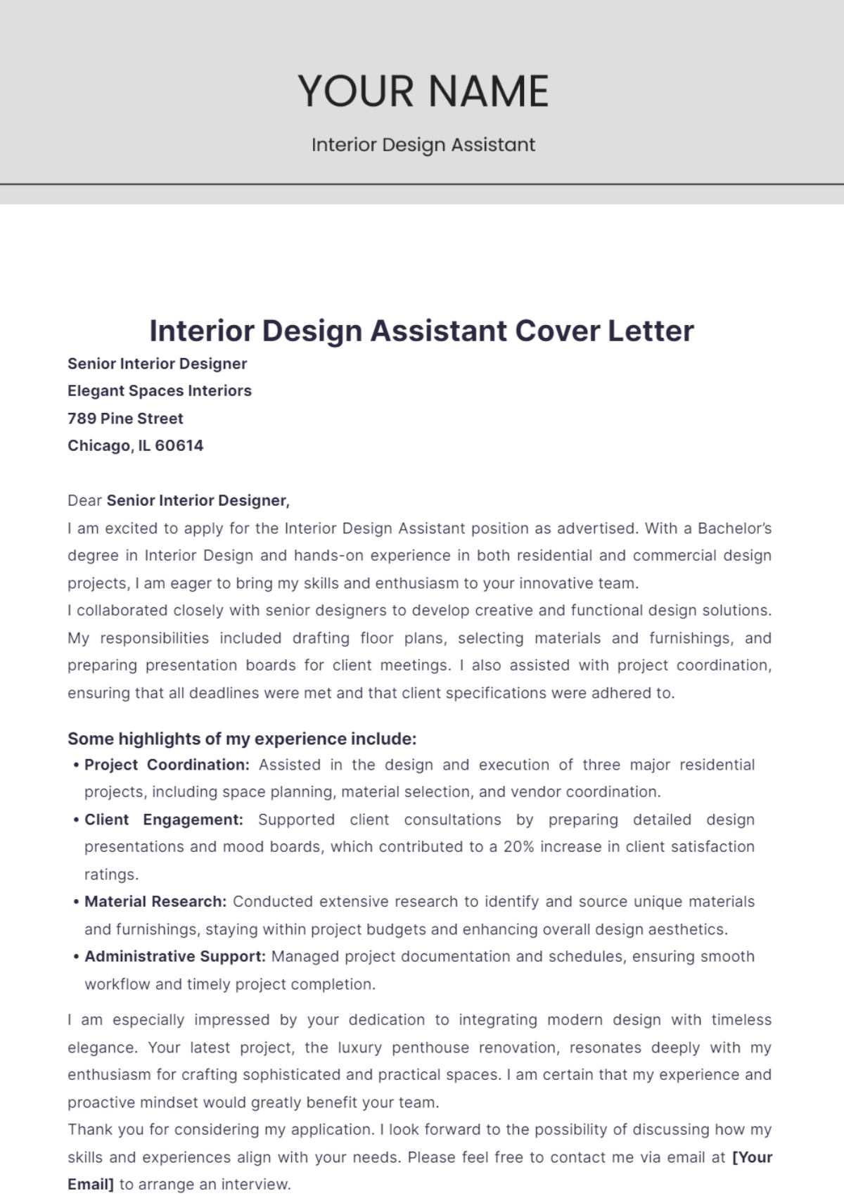 Interior Design Assistant Cover Letter