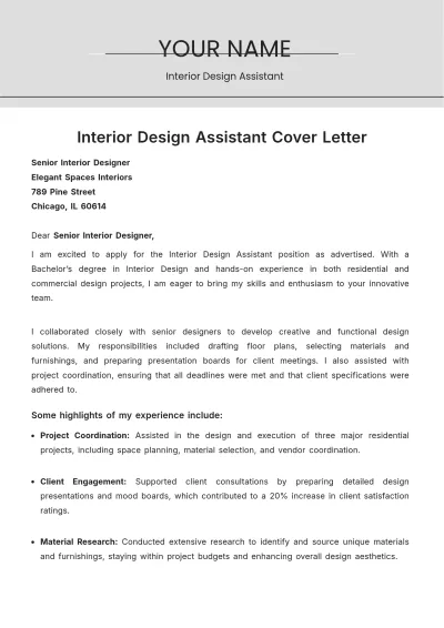 Free Interior Design Assistant Cover Letter to Edit Online