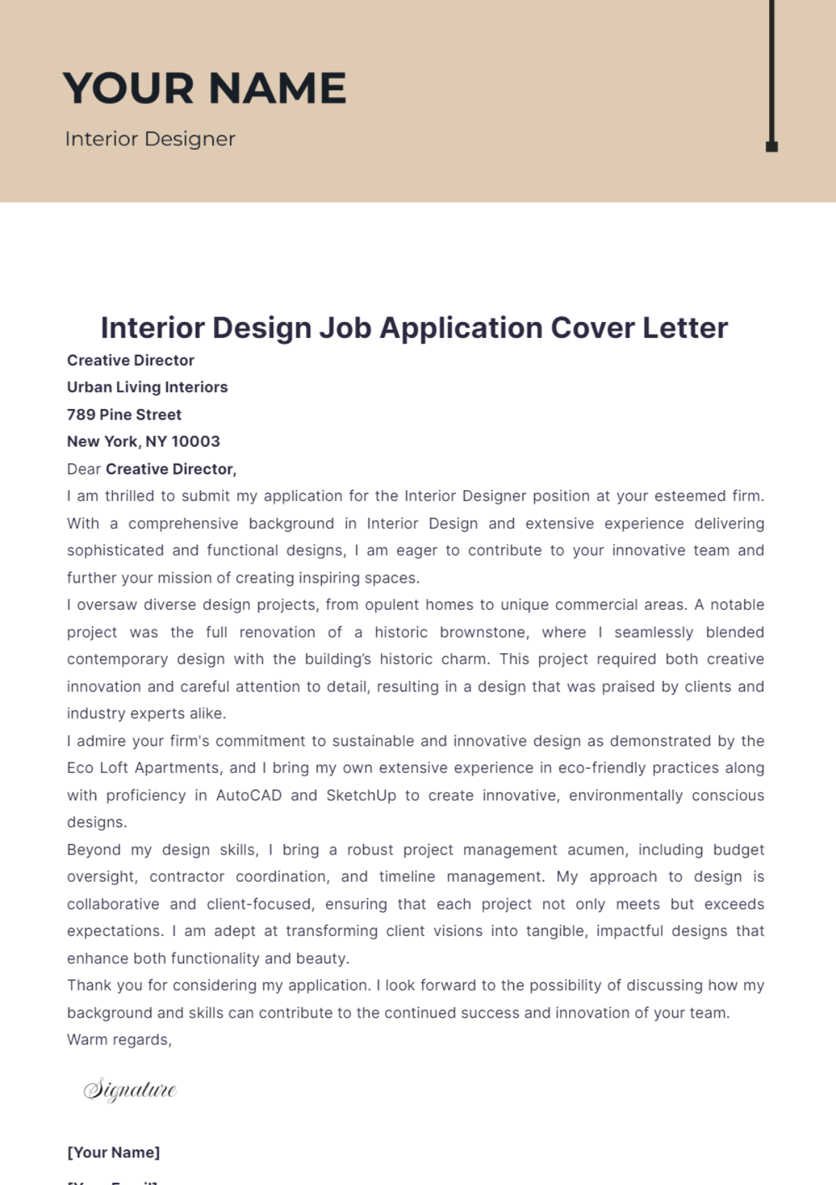 Interior Design Job Application Cover Letter