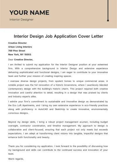 Free Interior Design Job Application Cover Letter to Edit Online